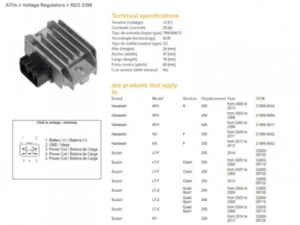 DZE REGULATOR NAPIĘCIA KAWASAKI KX 250F 11-12; KX 450F 09-11; KFX 400 03-06; KFX 450R 08-13; SUZUKI LT-F 250 OZARK 02-12; LTZ 40