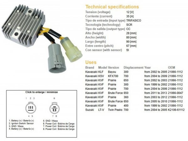 DZE REGULATOR NAPIĘCIA KAWASAKI KLF 300 BAYOU 02-05; KVF 300 PRAIRIE 99-02; KFV 650 BRUTE FORCE 05-10; KFX 700 04-09; SUZUKI LT-