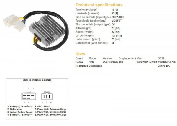 DZE REGULATOR NAPIĘCIA HONDA CBR 900RR 02-03 (CBR954) (ESR690) (31600-MCJ-750) (SH678DA) (35A)