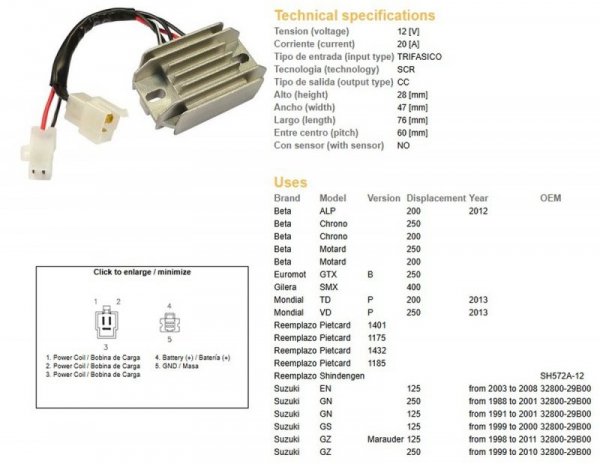 DZE REGULATOR NAPIĘCIA SUZUKI GN 125 91-01; GN 250 88-01; GS 125 99-00; EN 125 03-08; BETA (ESR142) (32800-29B00)