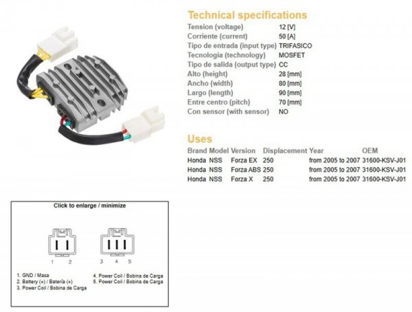 DZE REGULATOR NAPIĘCIA HONDA NSS 250 FORZA 05-07 (OEM 31600-KSV-J01) MOSFET (50A)