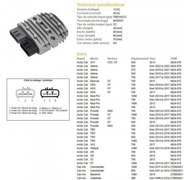 DZE REGULATOR NAPIĘCIA CAN-AM 400/500/650/800/1000; HONDA TRX 500/650/680; KAWASAKI KVF 750 12-13; POLARIS 400/500/550/570/800/9