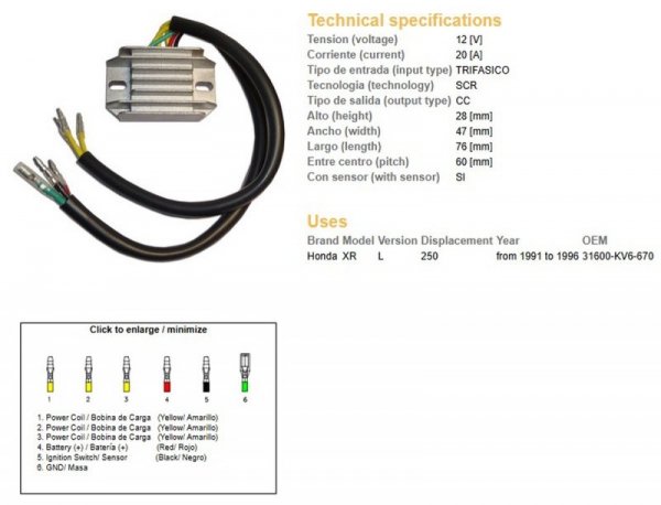 DZE REGULATOR NAPIĘCIA HONDA XR 250L 91-96 (31600-KV6-670) (12V/20A)