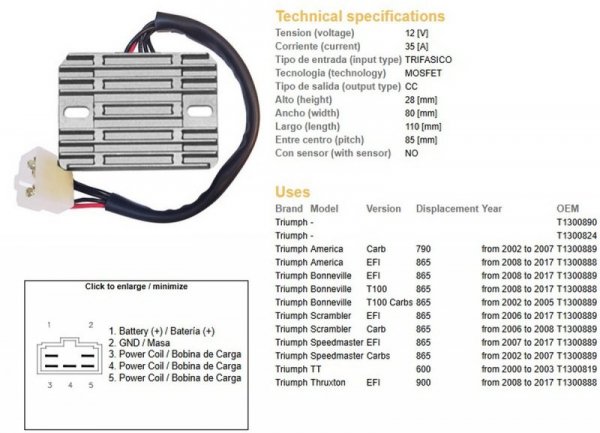 DZE REGULATOR NAPIĘCIA TRIUMPH AMERICA 790/865 02-17; BONNEVILLE 865 02-17; SCRAMBLER/SPEEDMASTER 865 02-17; TT 600 00-03 (T1300