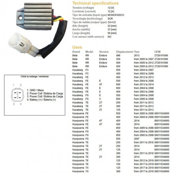 DZE REGULATOR NAPIĘCIA KTM EXC 125/200/250/300/400/525/530 98-13; XC-W 250/450/525 07-08; HUSQVARNA TE/TX/FE/FC/FS 125/250/300/4