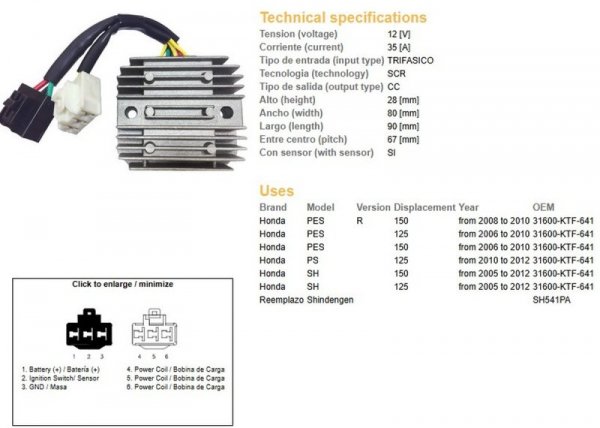DZE REGULATOR NAPIĘCIA HONDA SH 125/150 05-12 (35A) (31600-KTF-641) (SH541PA) (ESR910)