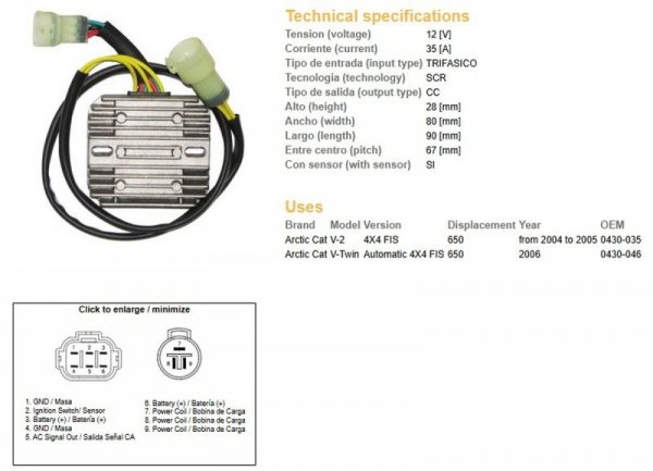 DZE REGULATOR NAPIĘCIA ARCTIC CAT 650 04-06 (OEM-0430-035, 0430-046) 12V35A