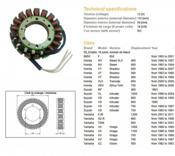 DZE UZWOJENIE ALTERNATORA STATOR BMW F 650 93-01; VT 500/600 83-07; XL 650V TRANSALP 00-06; XRV 750 AFRICA TWIN 90-00; SUZUKI VS