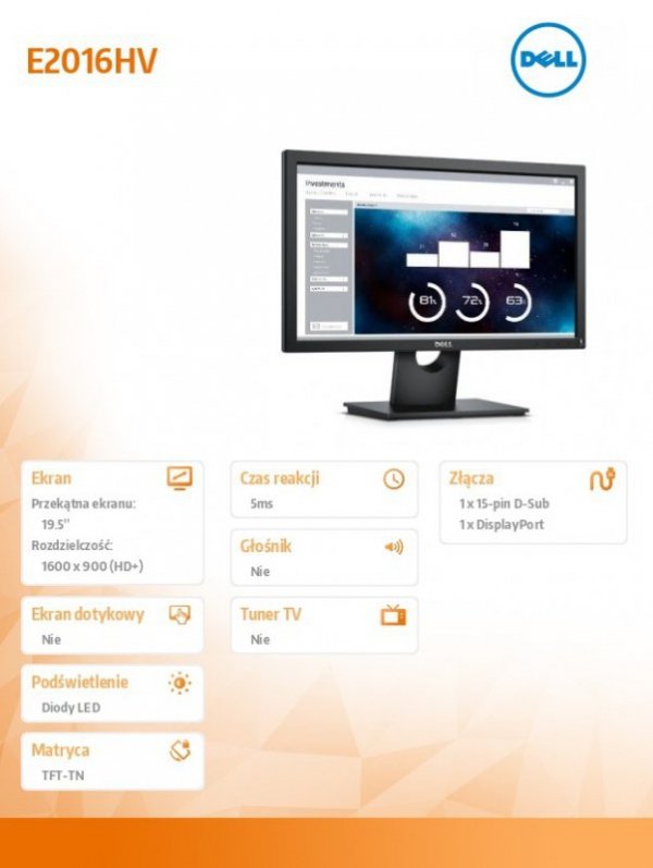 Monitor 19.5 E2016HV LED 16:9/1600x900/VGA/3YPPG