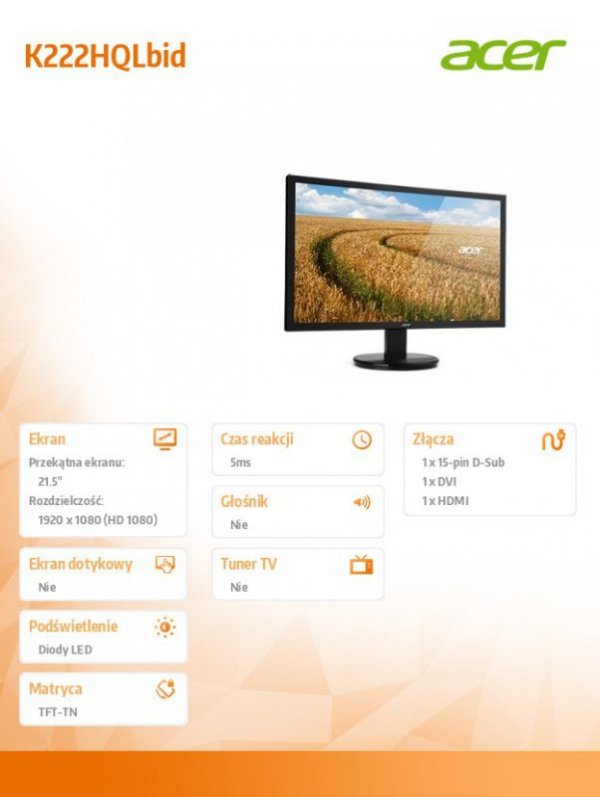Monitor 21.5 K222HQLbid 55cm 16:9 LED 1920x1080(FHD) 5ms 100M:1 HDMI DVI