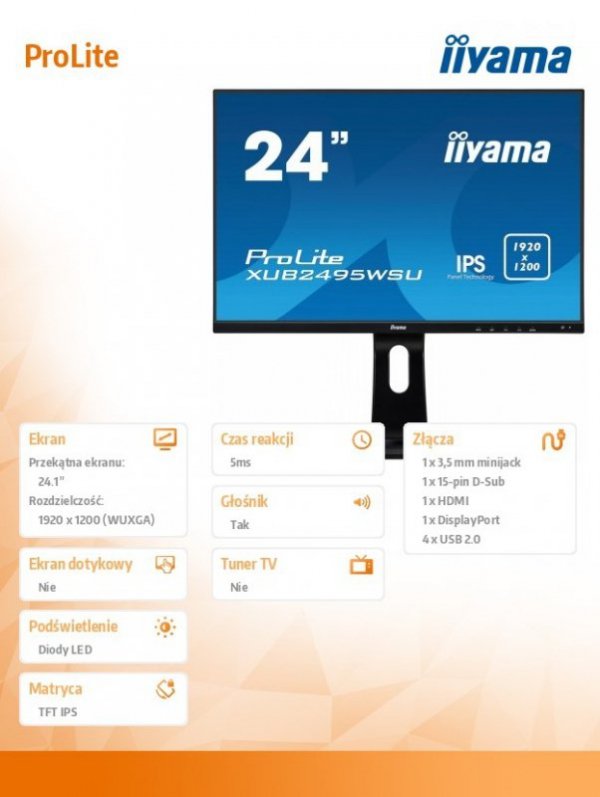 Monitor 24 ProLite XUB2495WSU-B1 IPS,PIVOT,16:10,USB,DP,HDMI,1920x1200
