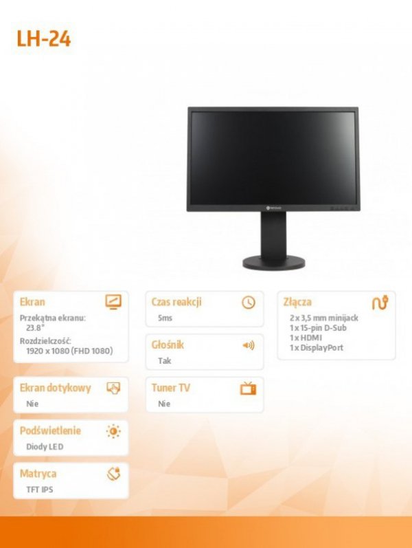 MONITOR LH-24 23.8 FHD IPS DP HDMI GŁOŚNIK VGA REG.WYS. PIVOT KENSINGTON NOWOŚĆ