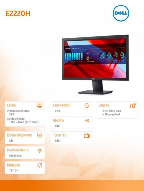 Monitor E2220H 21.5&quot;  LED TFT Full HD (1920x1080) /16:9/VGA/DP (vr1.2)/3Y PPG