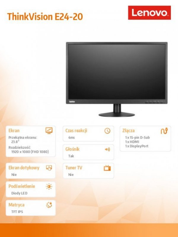 Monitor 23.8 ThinkVision E24-20 WLED LCD 62A5MAT4EU