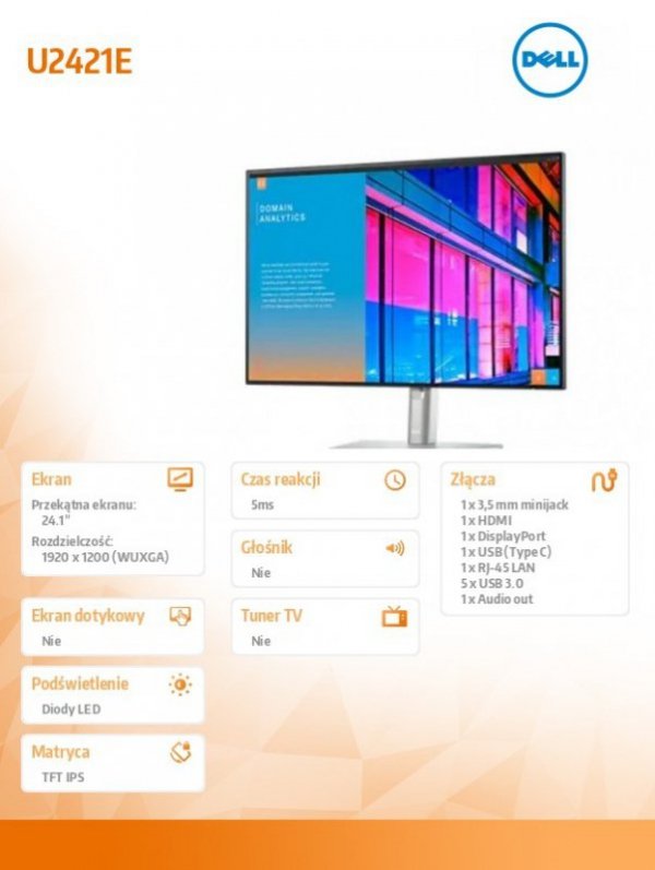 Monitor U2421E  24,1 cali WUXGA (1920x1200) /16:10/HDMI/DP/USB-C/RJ-45/5xUSB 5 Gbps /3Y PPG