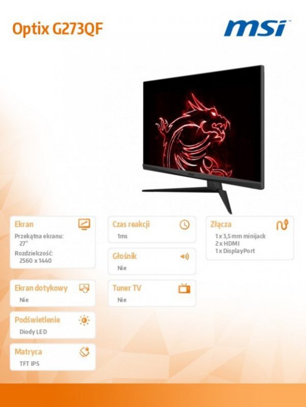 Monitor Optix G273QF 27 cali Flat/LED/WQHD/NonT/165Hz/Czarny