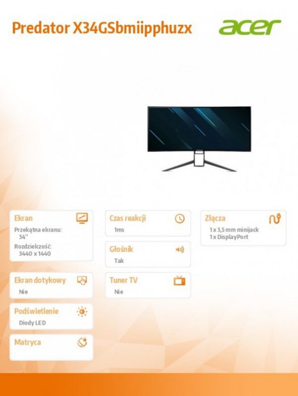 Monitor 34 cale  Predator X34GSbmiipphuzx Curved 180Hz