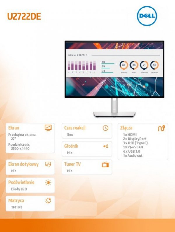 Monitor U2722DE 27 cali LED QHD/HDMI/DP/USB-C/RJ-45
