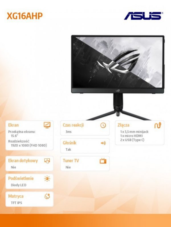 Monitor 15.6 cala ROG Strix XG16AHP IPS FHD 300cd/m2 USB-C mHDMI GLośnik ROG Tripod 144Hz 7800mAh G-SYNC