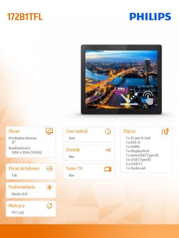 Monitor 17 cali 172B1TFL LED Touch DVI HDMI DP