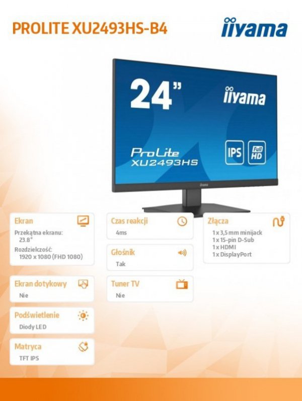 Monitor 24 cale XU2493HS-B4 IPS.HDMI.DP.VGA.2xW.4MS.