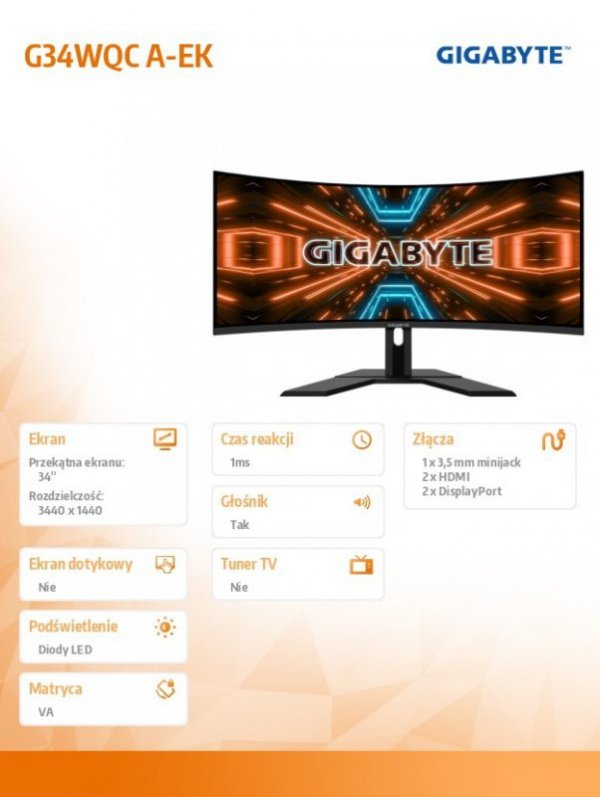 Monitor 34 cali G34WQC A-EK 1ms/QHD/HDMI/12mln:1/USB