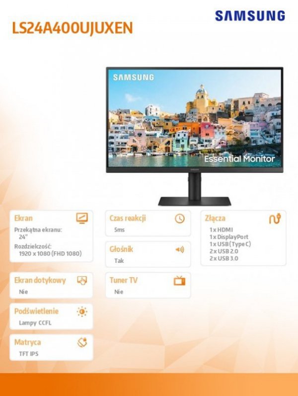 Monitor  24 cale LS24A400UJUXEN IPS 1920 x 1080 FHD 16:9   1xHDMI 1xUSB-C (65W) 1xDP 2xUSB 3.0, 2xUSB 2.0  5ms HAS+PIVOT płaski 