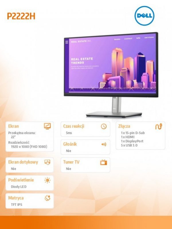 Monitor P2222H 22 cali LED IPS 16:9/1920x1080/DP/VGA/3Y