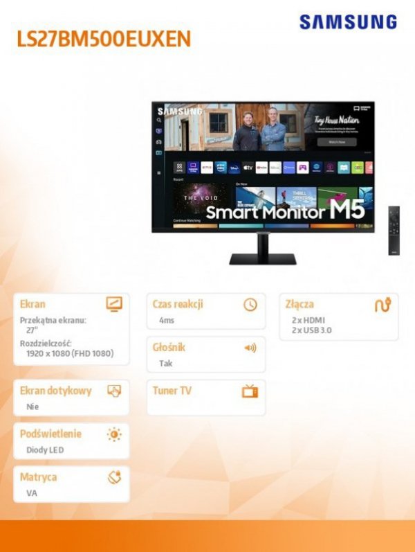 Monitor 27 cali LS27BM500EUXEN VA 1920x1080 FHD 16:9 2xHDMI 4 ms (GTG) głośniki płaski SMART 2 lata d2d