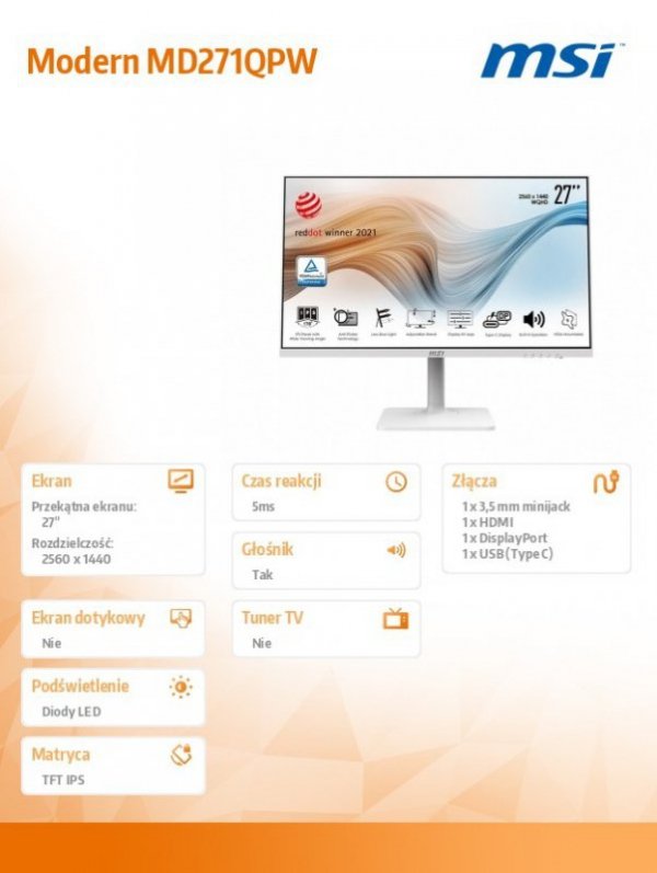 Monitor 27 cali Modern MD271QPW FLAT/LED/WQHD/NonTouch/75Hz/biały