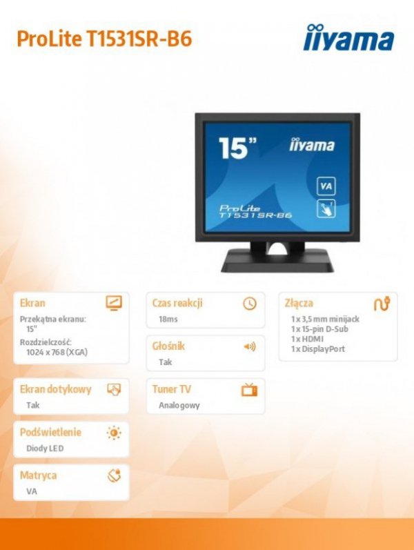 Monitor 15 cali T1531SR-B6 VA,RESISTIVE,HDMI,DP,VGA,IP54,2x1W