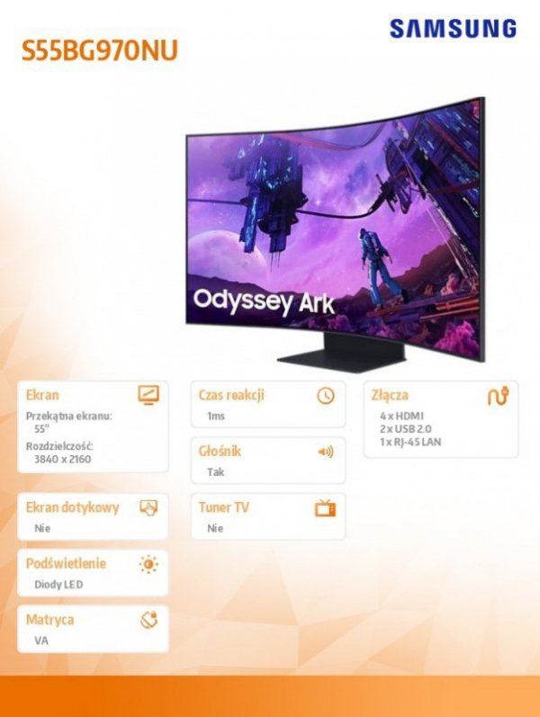Monitor 55 cali LS55BG970NUXEN VA 3840x2160 UHD 16:9 4xHDMI/LAN(RJ45)/2xUSB2.0 1ms(GTG) WiFi/BT głośniki zakrzywiony HAS+PIV 165