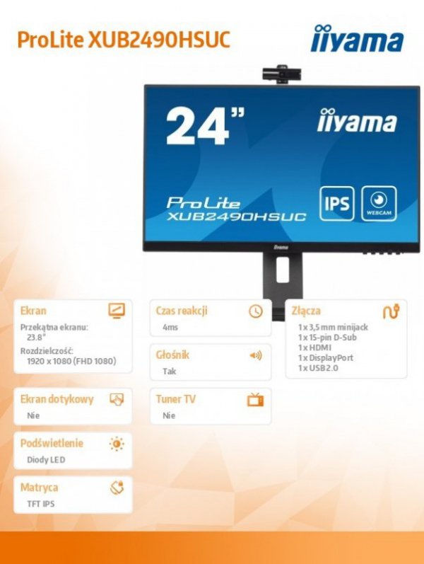 Monitor 23.8 cala XUB2490HSUC-B5 IPS,FHD,CAM,MIC,HDMI,DP,HAS(150mm)