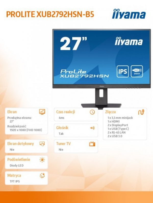Monitor 27 cali XUB2792HSN-B5 IPS,FHD,HDMI,DP,USB-c Dock,HAS(150mm)