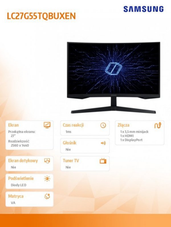Monitor 27 cali LC27G55TQBUXEN VA 2560 x 1440 WQHD 16:9 1xHDMI 1xDP 1ms (MPRT) zakrzywiony 2 lata d2d