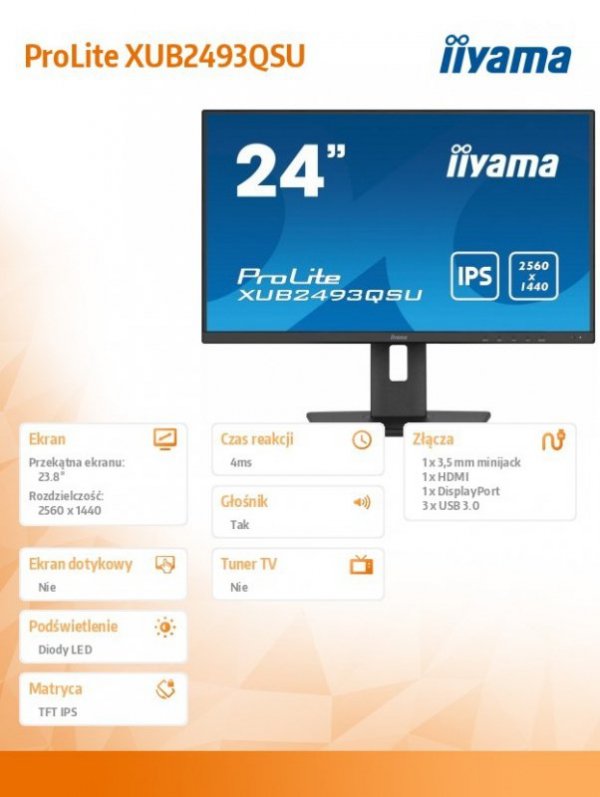 Monitor 23.8 cala XUB2493QSU-B5 IPS,QHD,HDMI,DP,HAS(150mm),2x2W,USB3.0