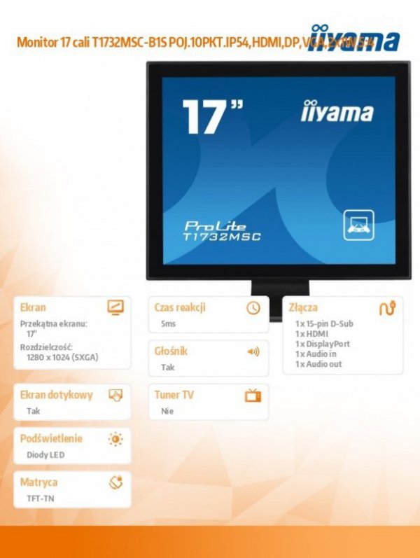 Monitor 17 cali T1732MSC-B1S POJ.10PKT.IP54,HDMI,DP,VGA,2x1W,5:4