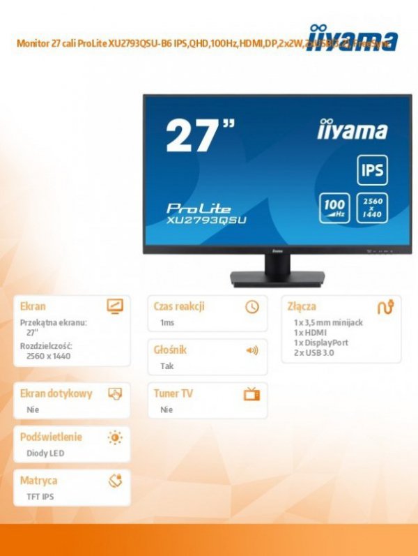 Monitor 27 cali ProLite XU2793QSU-B6 IPS,QHD,100Hz,HDMI,DP,2x2W,2xUSB(3.2), FreeSync