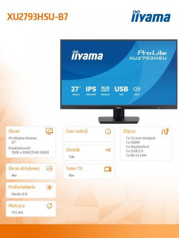 Monitor 27 cali XU2793HSU-B7 IPS.HDMI.DP.2x2W.1ms.100Hz.USBx2.300cd/m2.FlickerFree
