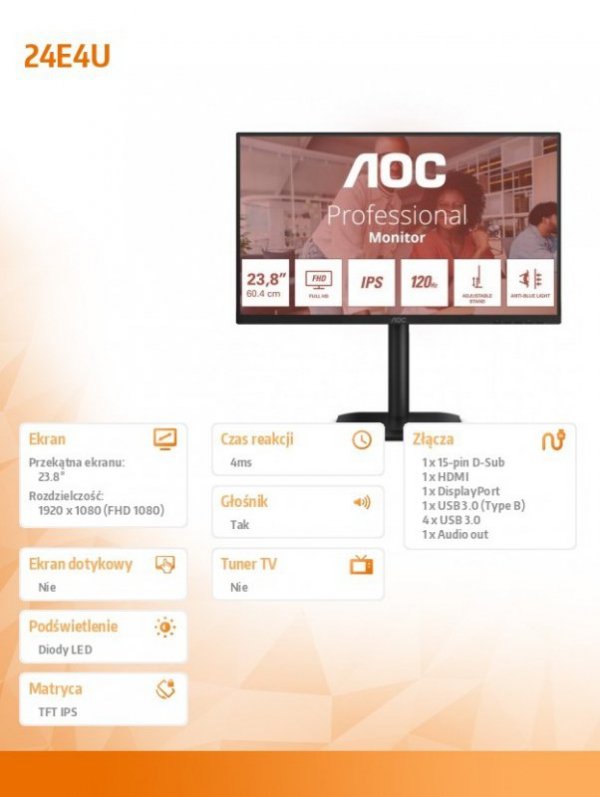 Monitor 24E4U 23.8 cala IPS 120Hz HDMI DP VGA Pivot Głośniki