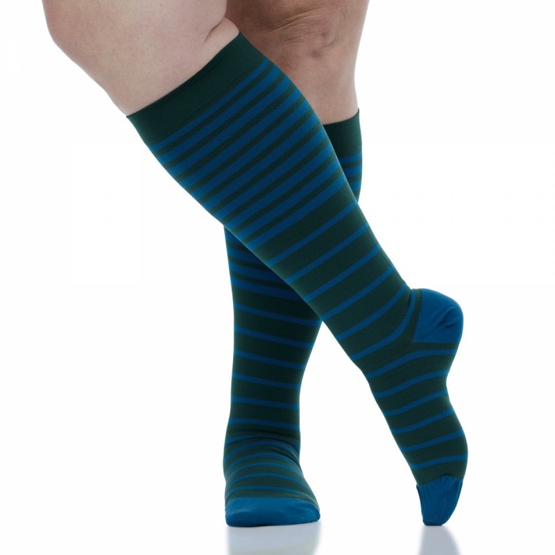 VIM&amp;VIGR - podkolanówki uciskowe I stopnia kompresji - NYLON  - butelkowa zieleń w morskie paski