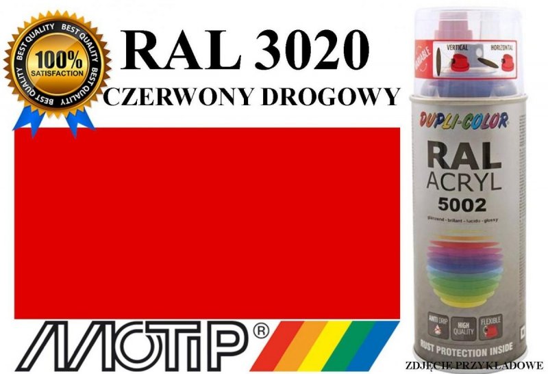 MOTIP lakier farba czerwony drogowy połysk 400 ml akrylowy acryl szybkoschnący RAL 3020 