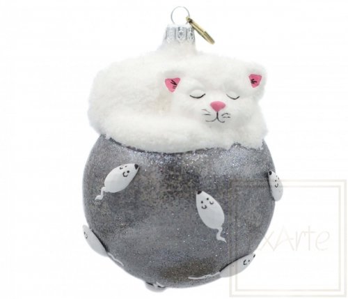 Weihnachtsbaumschmuck Katze 11cm – Auf grauem Knäuel