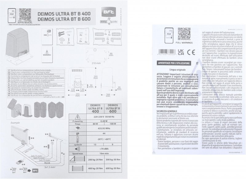 Zestaw BFT DEIMOS ULTRA BT B600 INT KIT do 600kg bram przesuwnych