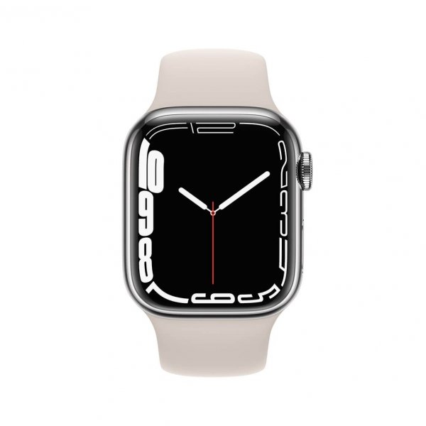 Apple Watch Series 7 41mm GPS + Cellular (LTE) Koperta ze stali nierdzewnej w kolorze srebrnym z paskiem sportowym w kolorze księżycowej poświaty