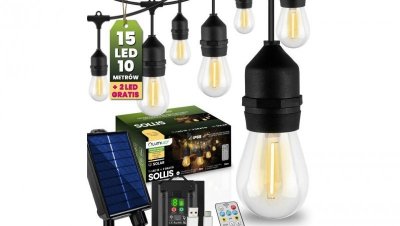 Girlanda Solarna Ogrodowa 15x LED Ozdobne Żarówki 10m + PILOT IP65 2700K Ciepła SOLLIS LUMILED