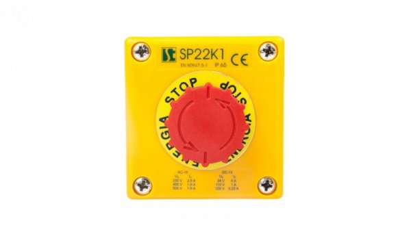 Kaseta z przyciskiem bezpieczeństwa przez obrót 1R IP65 żółta 1x dławnica M20 SP22K105-1