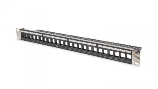 Panel krosowy modularny 19 24x keystone,ekranowany,1U,czarny,prowadnica kabli,wymienne pola opisowe DN-91411-LF