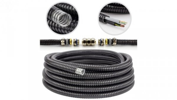 Peszel ochronny metal Anaconda Multitite roz.25 26/21,2mm rura karbowana elastyczna FCC w powłoce PVC 1250N UV IP67 czarny 50m