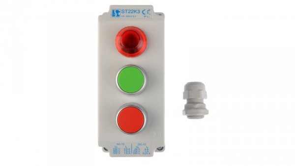 Kaseta sterownicza 3-otworowa z przyciskami zielony/czerwony + lampka sygnalizacyjna IP65 ST22K305-1